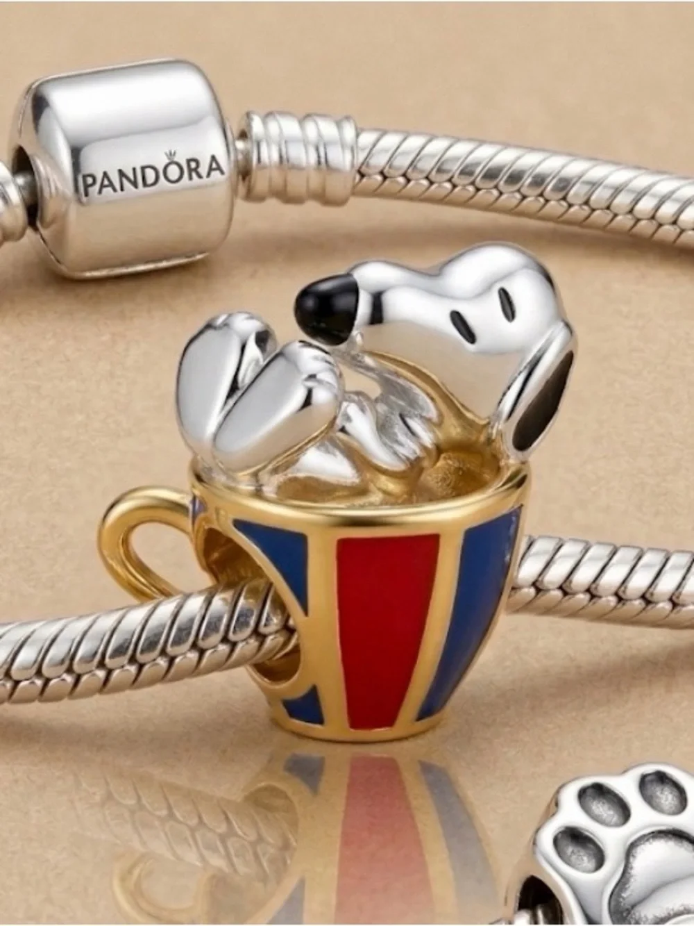 Snoopy in Teacup Enamel Charm - Gold, Red & Blue